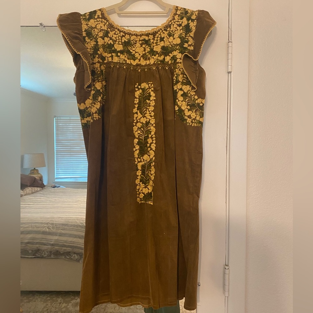 Brown corduroy mini dress with hand embroidery